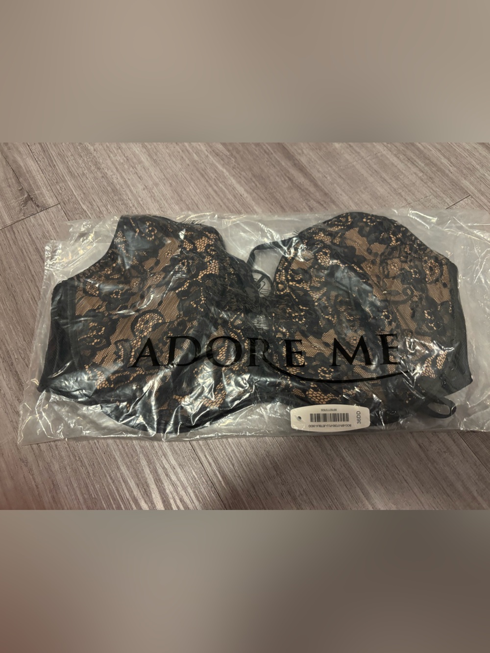 Adore Me Black Floral Lace Bra Size 36DD Nude Lining New in Package